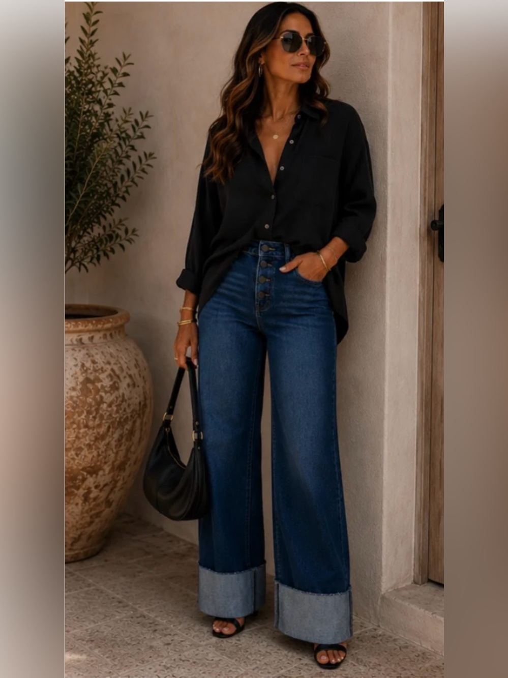 High-Rise Wide-Leg Button-Front Jeans in Dark Blue. Slouched fit. Size 7/28
